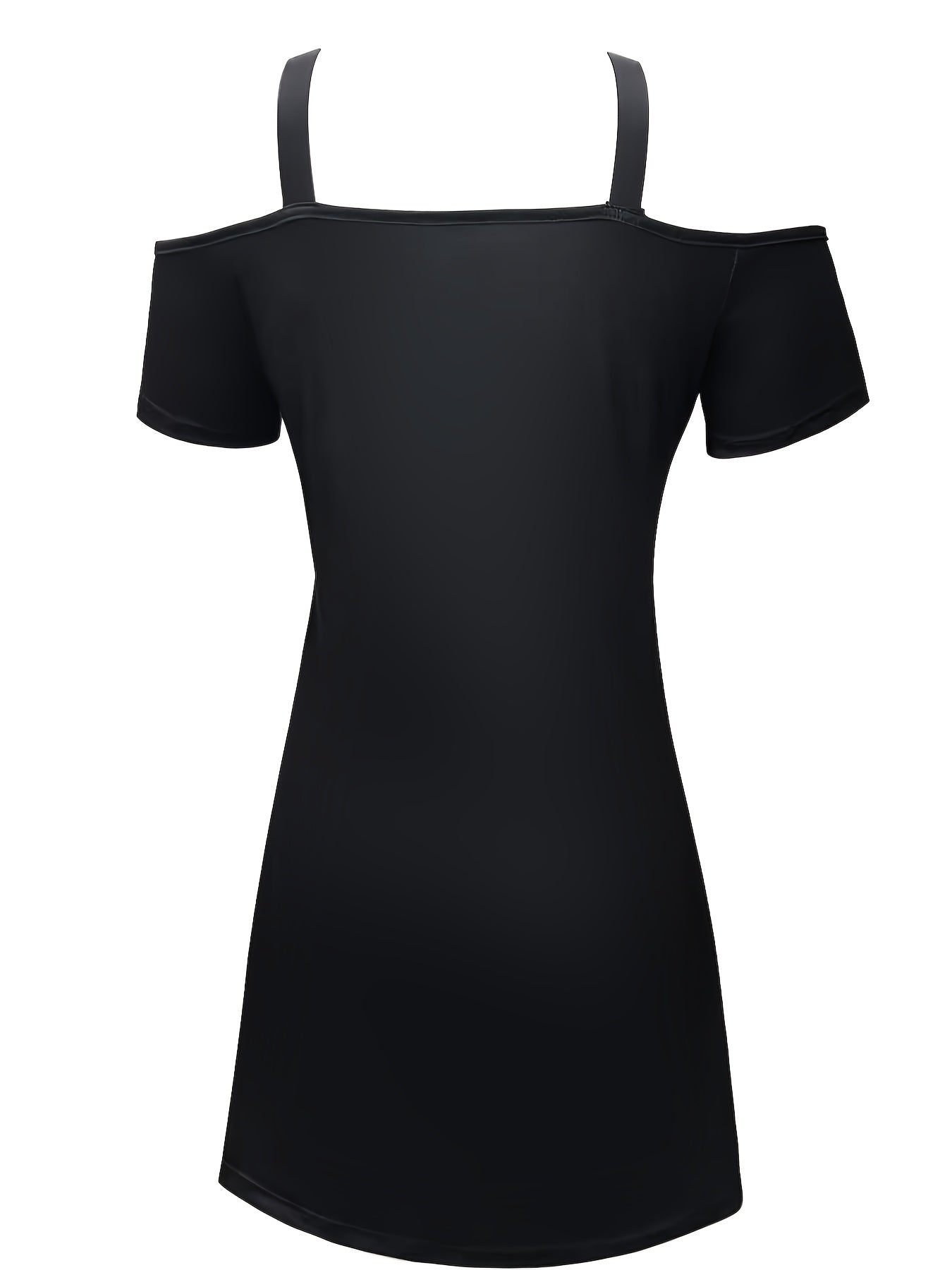 Print Off-Shoulder V-Neck Midi Dress with Chain Straps & Abstract Face Print - Casual Waist-Cinching Pencil Skirt Style for Women, Black with White Portrait Design, Perfect for Spring/Summer/Fall, Seasonal Fashion | Nontransp